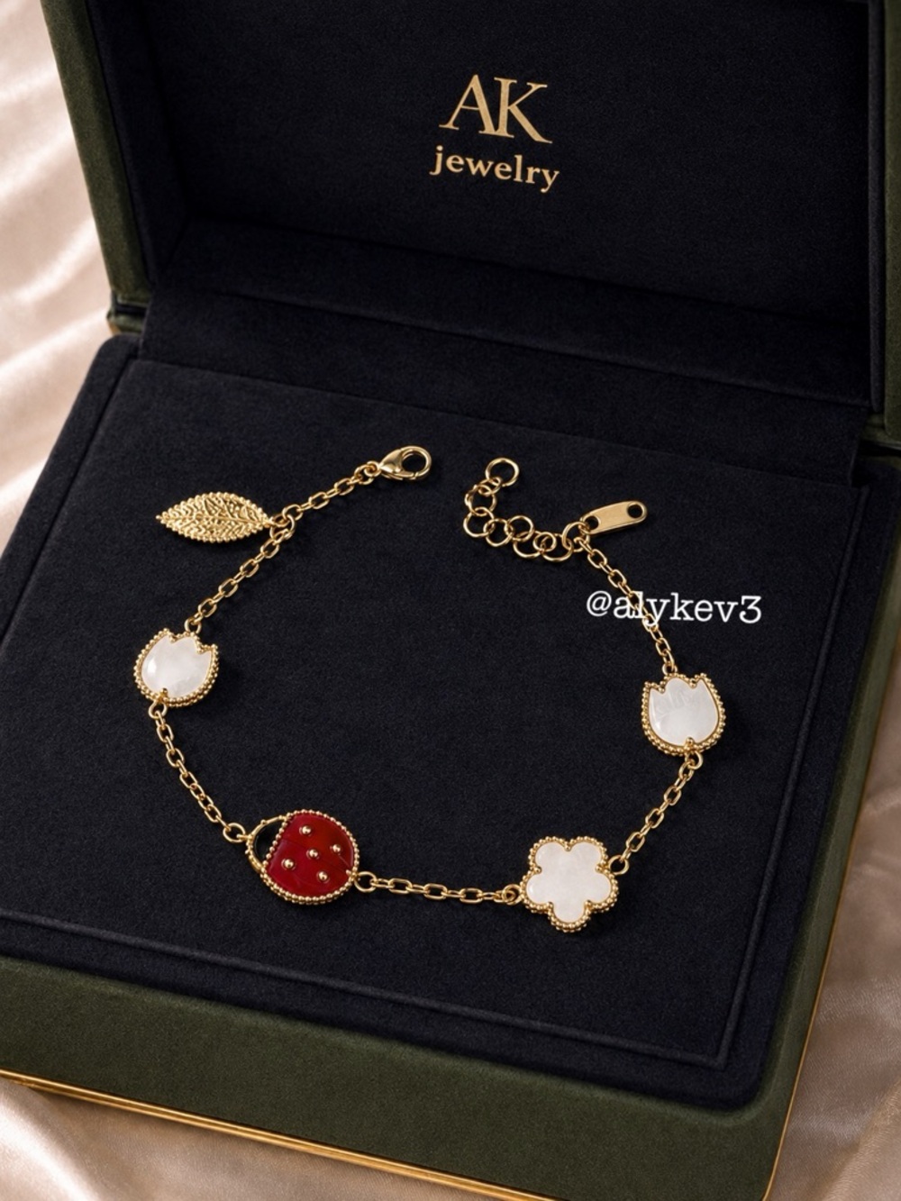 💎LUXURY 18k Mother-of-Pearl Charm Ladybug Flower Tulip Bracelet | AK Jewelry™